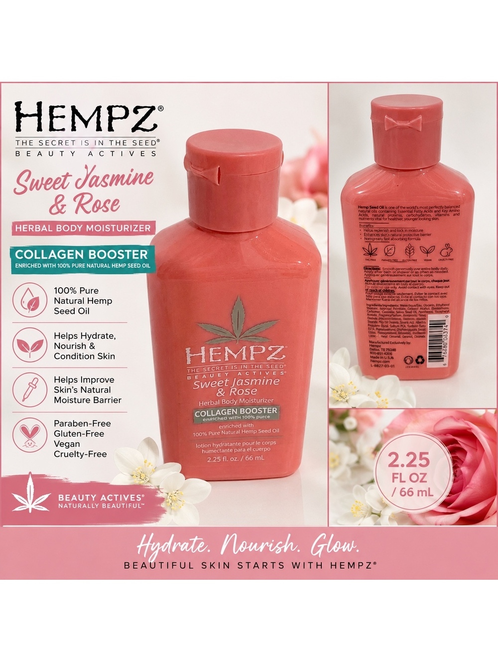 Hempz Sweet Jasmine & Rose Herbal Body Moisturizer Collagen Booster 2.25 FL OZ